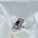 Art Deco Blue Sapphire Engagement Ring with Diamonds in 14K White Gold