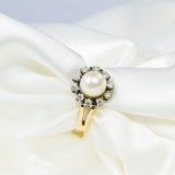 Akoya Pearl and Diamond Ring in 14k Yellow Gold with 10 Diamonds