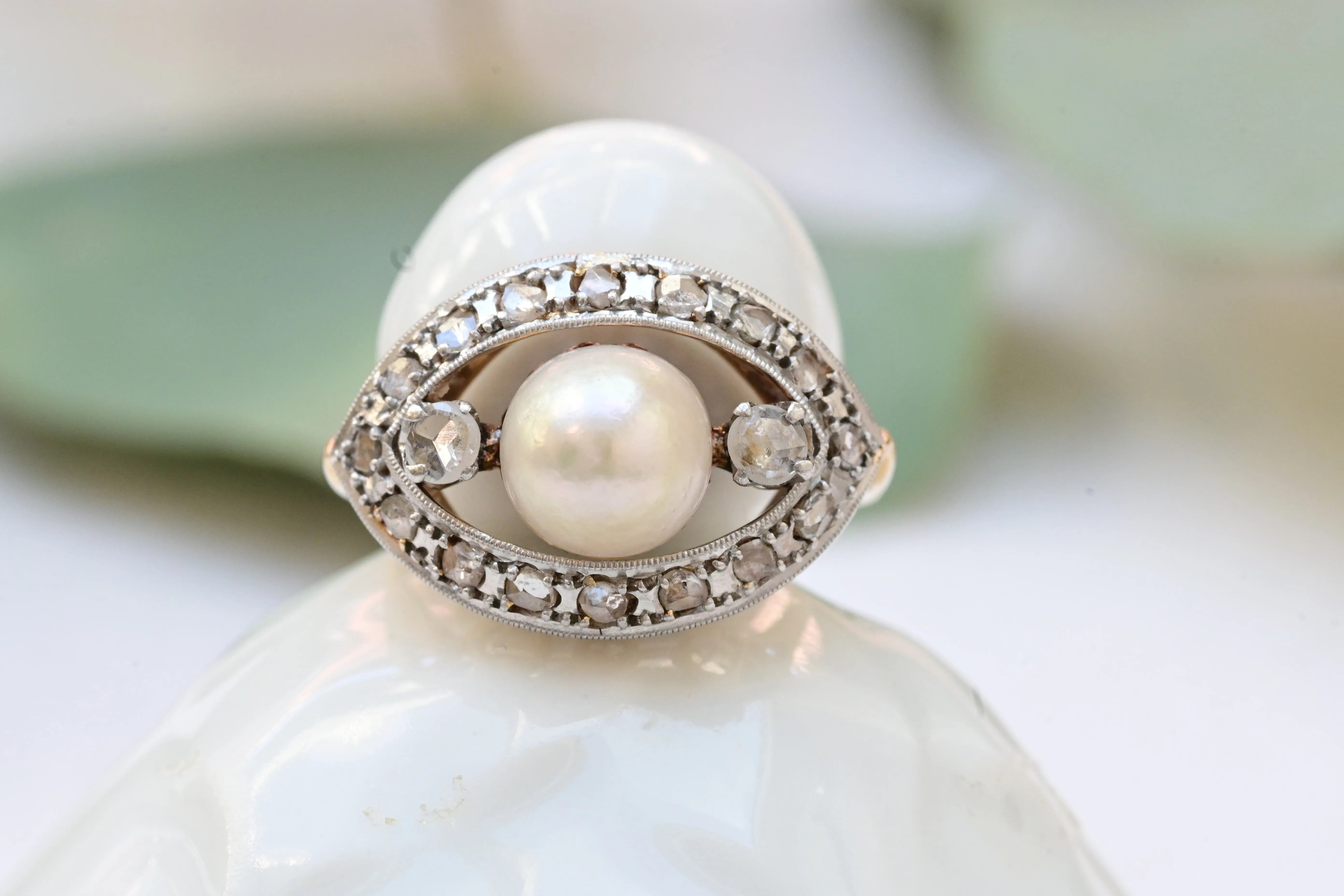 Art Nouveau Ring Featuring Akoya Pearl and 18 Diamonds