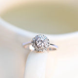 Round cut diamond engagement ring in 18K white gold with 14 surrounding diamonds.