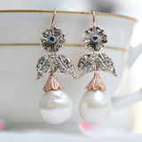 Vintage pendant earrings with diamonds, pearls and sapphires