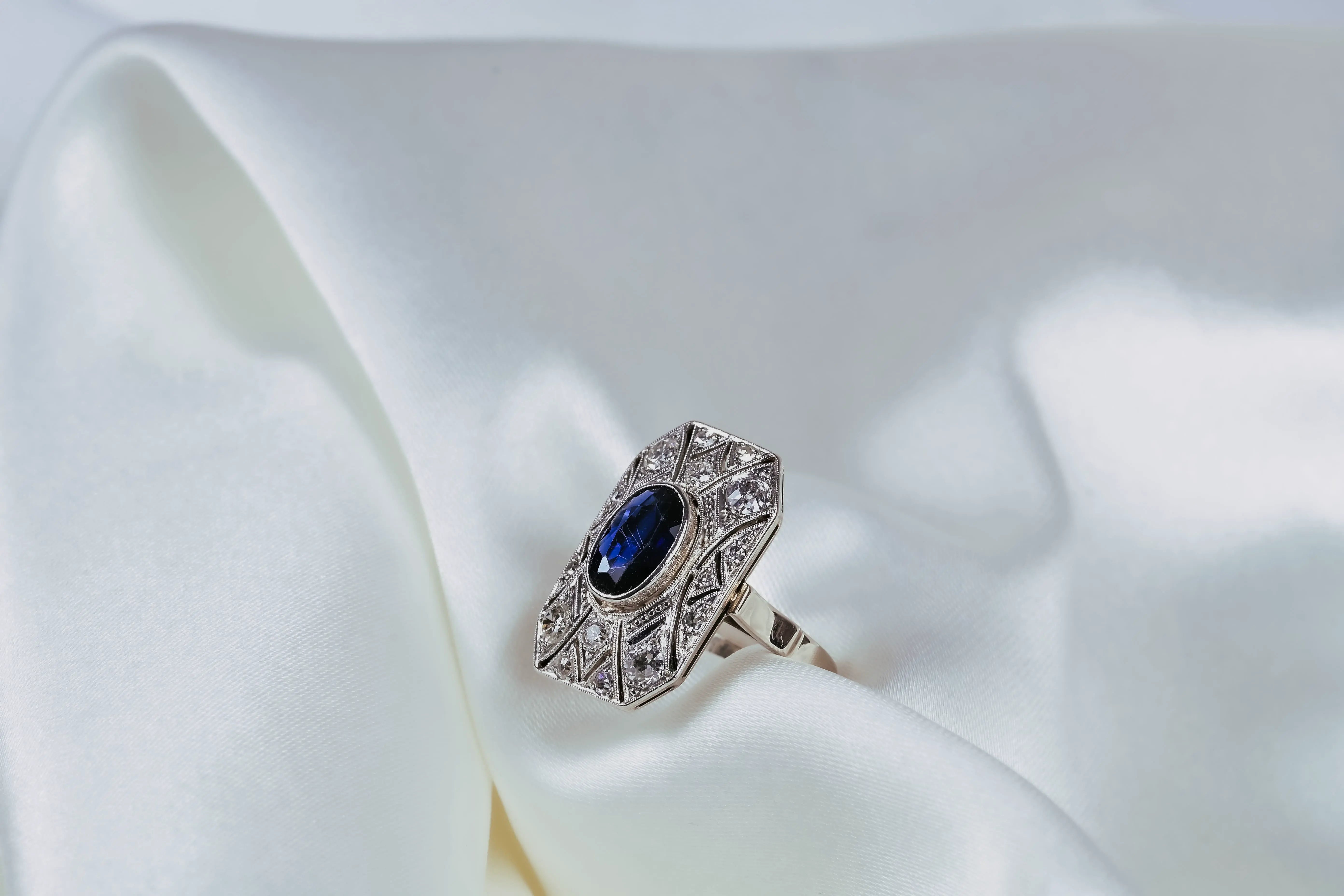 Art Deco Blue Sapphire Engagement Ring with Diamonds in 14K White Gold