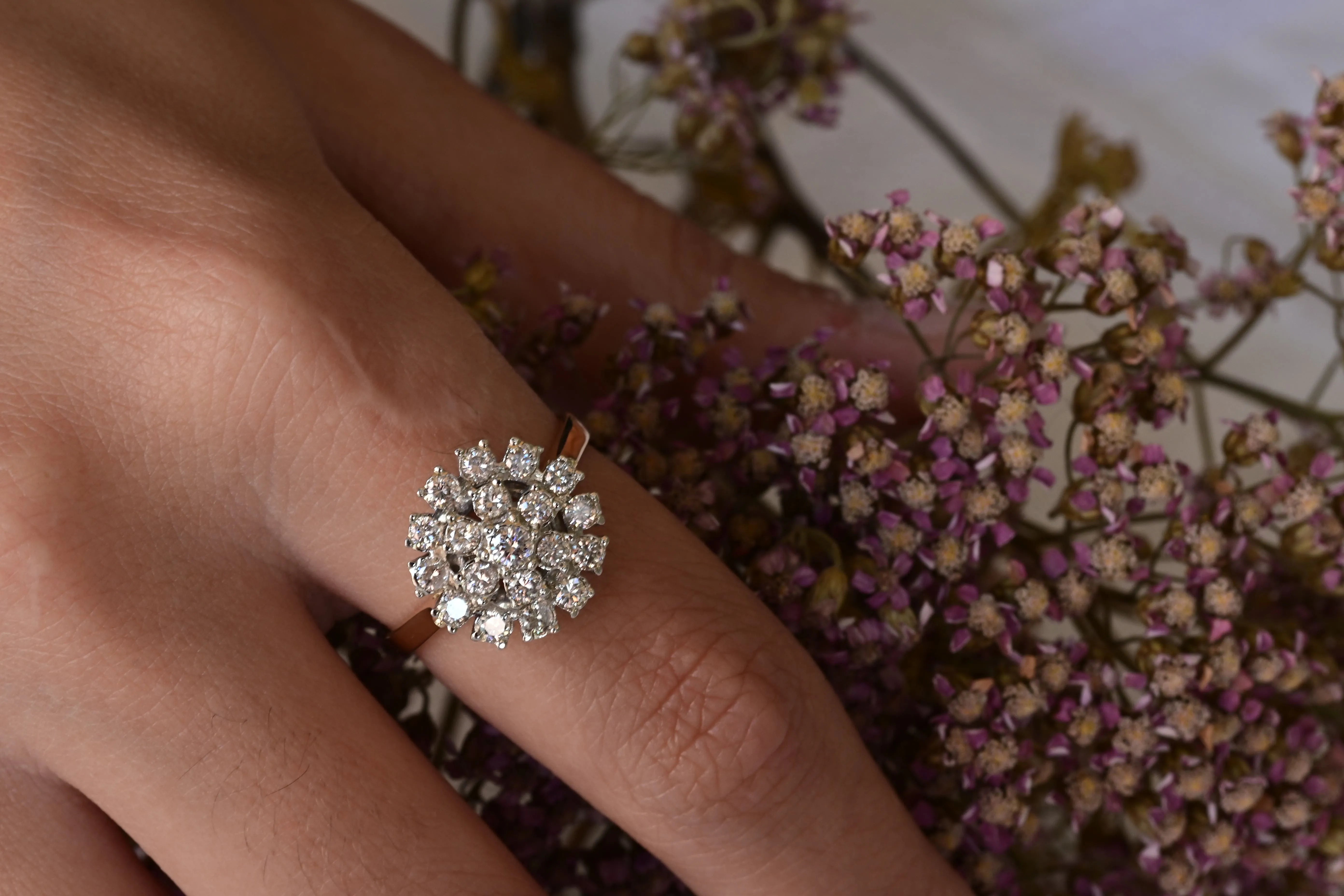 Flower Diamond Engagement Ring in 14K Gold