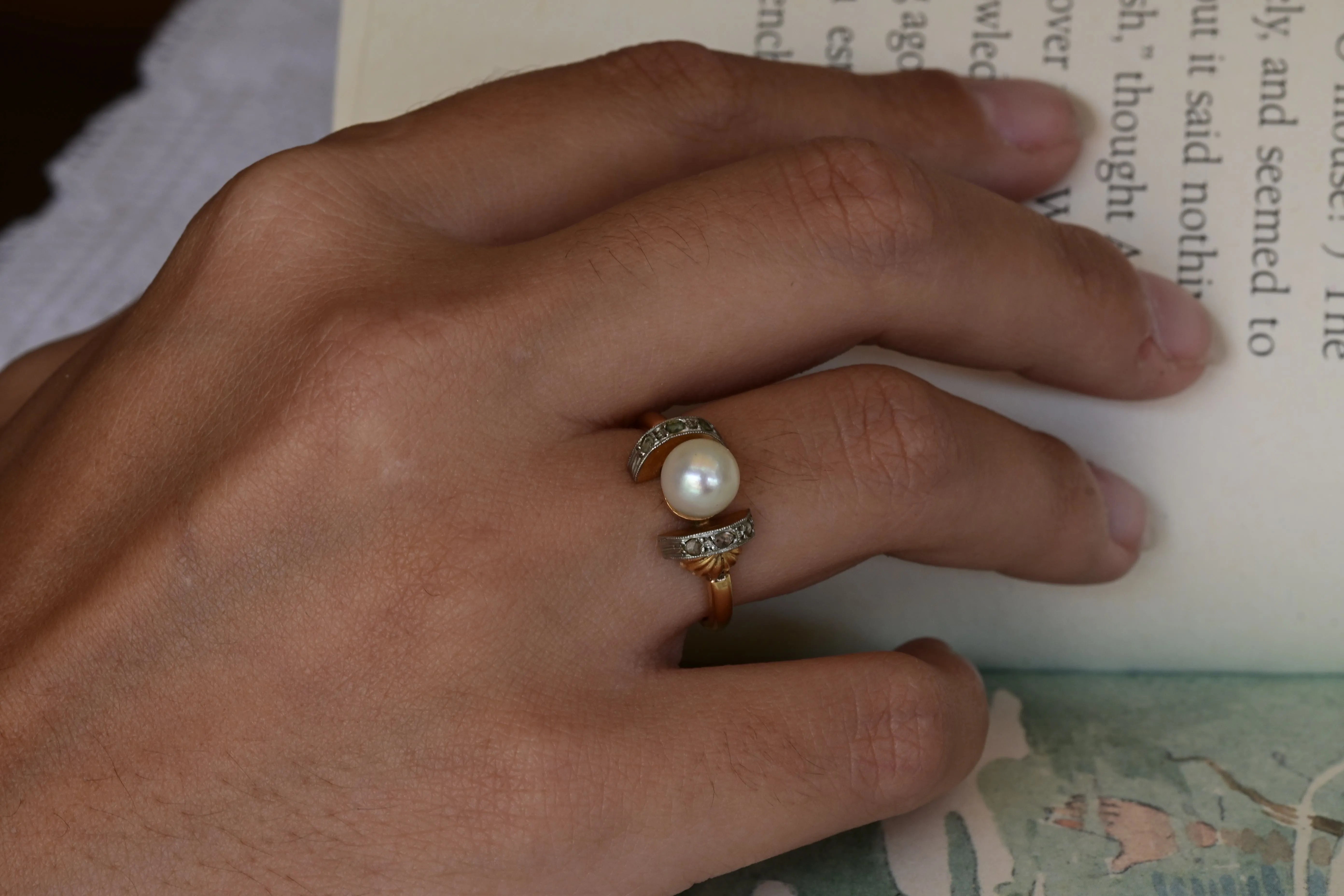 Antique pearl ring with diamonds