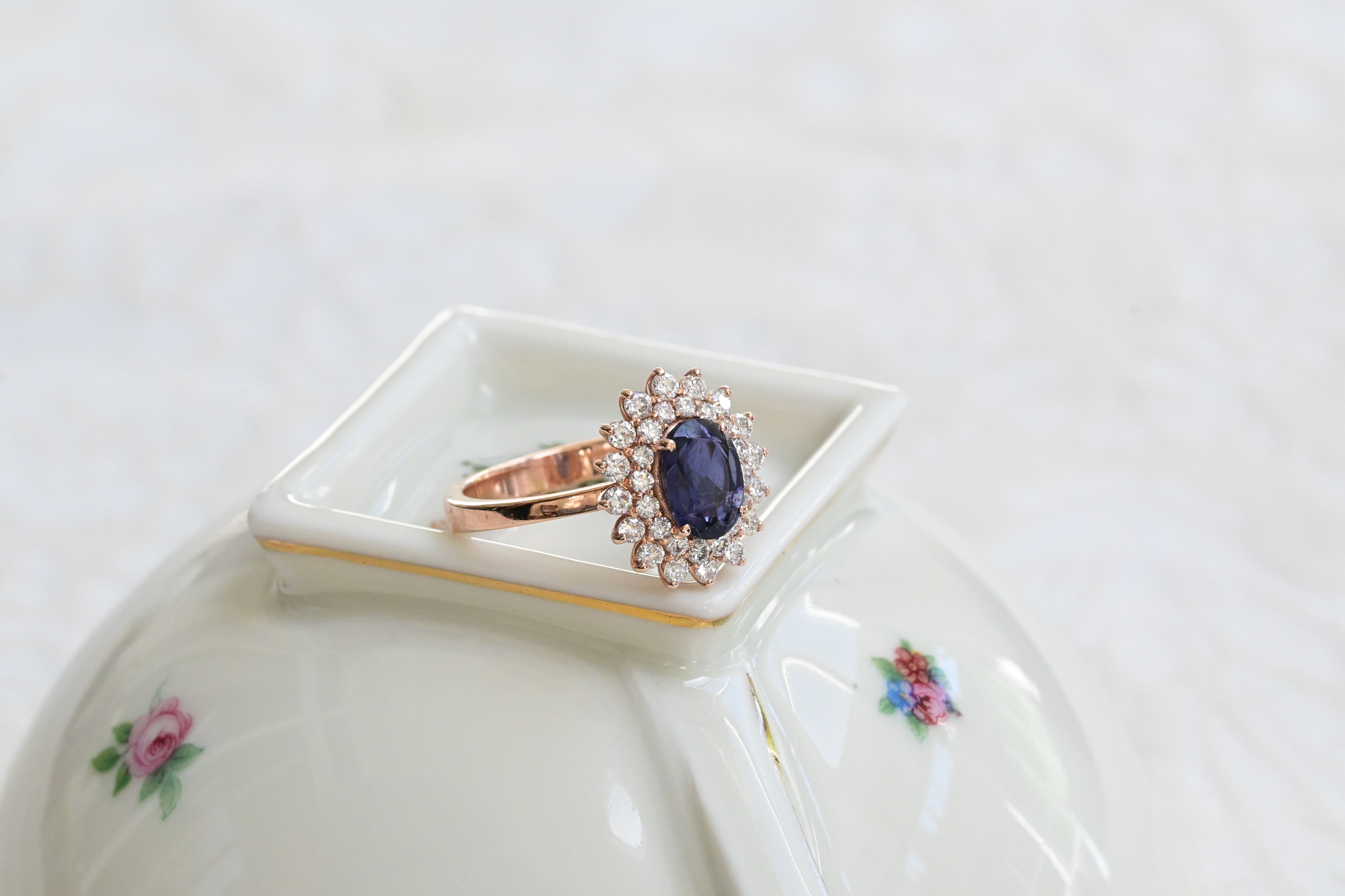 Vintage sapphire and diamond rosette in rose gold
