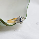 Art deco target ring with sapphire and diamonds