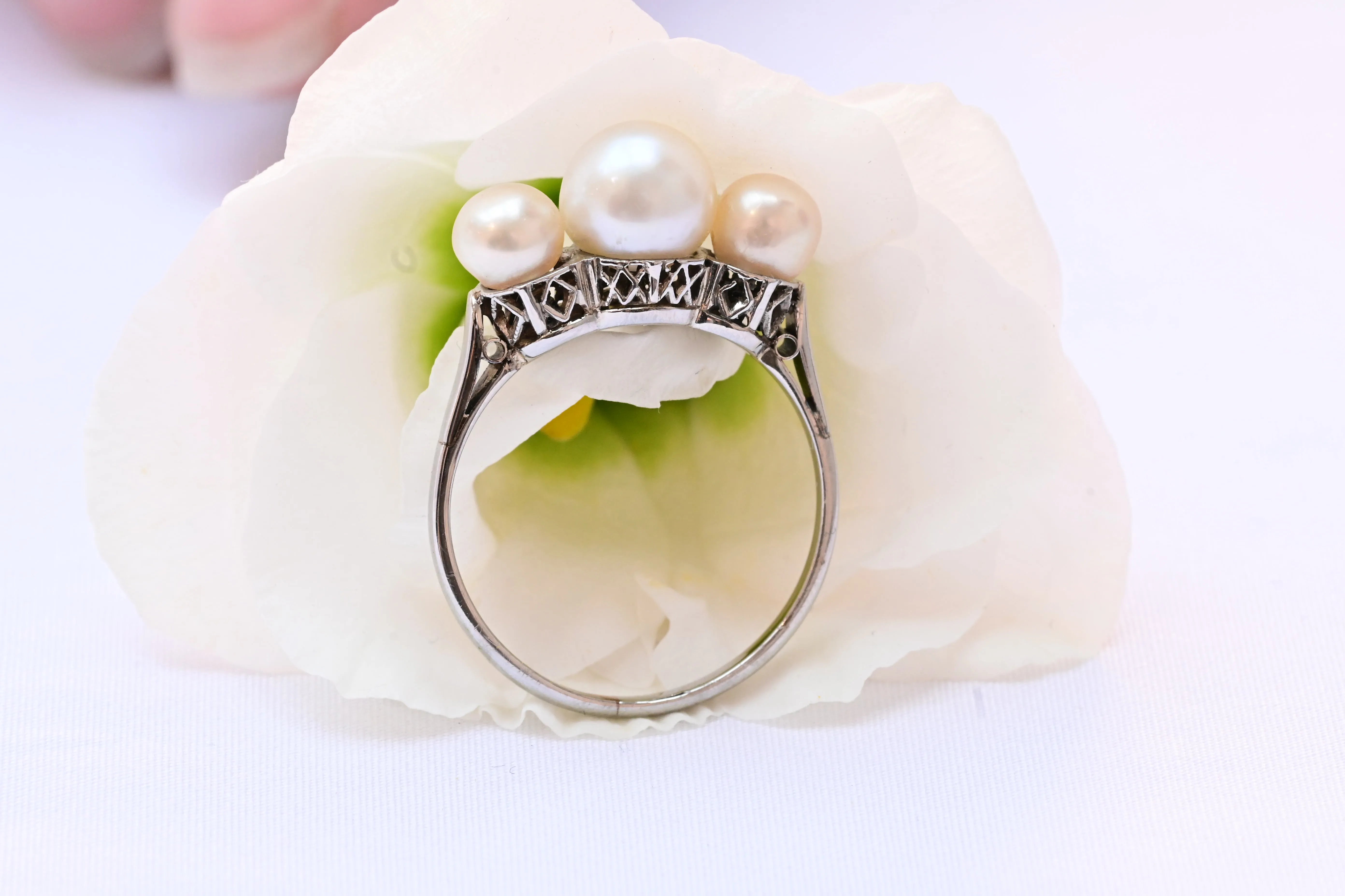 Art Deco Akoya Pearl Ring in 18K White Gold