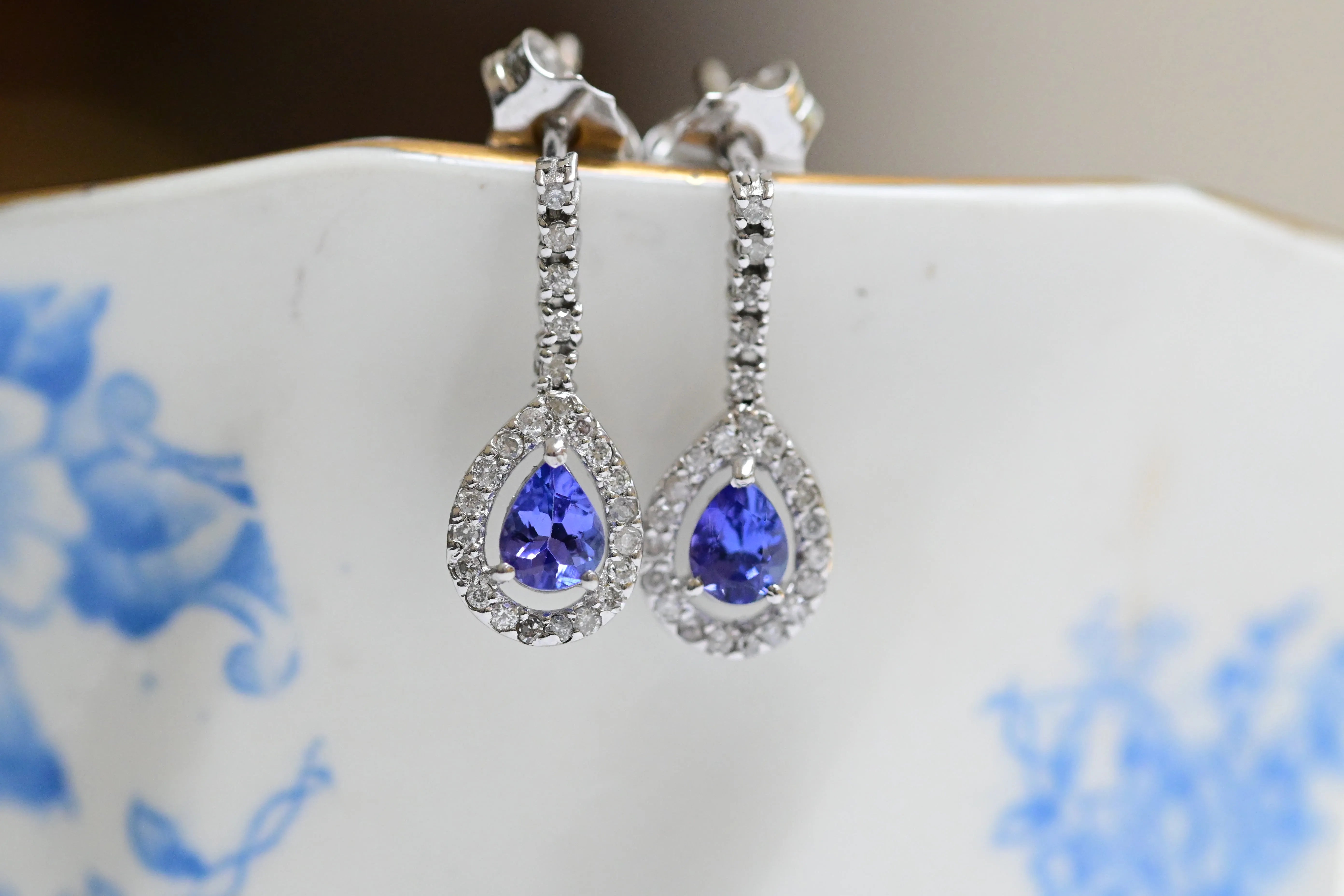 Vintage Pendant Drop Earrings with Tanzanite and Diamonds