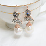 Boucles d'oreilles pendantes vintage avec diamants, perles et saphirs