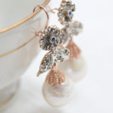 Boucles d'oreilles pendantes vintage avec diamants, perles et saphirs