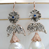 Boucles d'oreilles pendantes vintage avec diamants, perles et saphirs