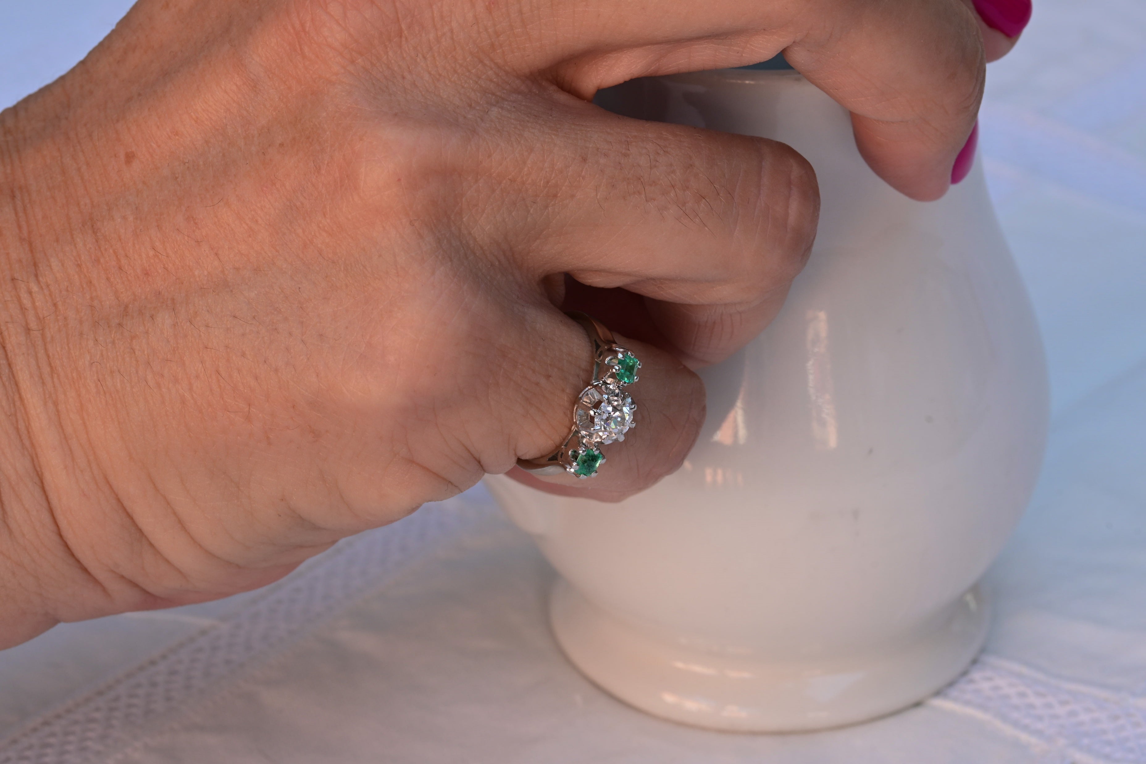 Engagement Diamond Ring with 2 Natural Emeralds